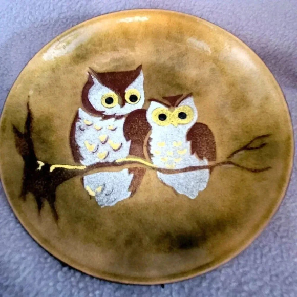 Vintage Bovana Enamel on Copper Owl/Handpainted Wall Display Plate 6 - Picture 1 of 4